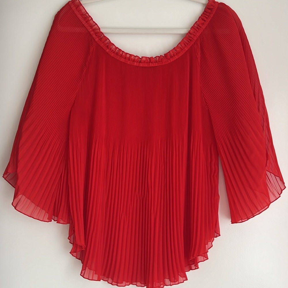 Zara Red Top Sheer Flowy Blouse Flirty Long Sleeve Pleated Off the Shoulder - Picture 2 of 6